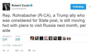 Robert Costa tweet confirming Rohrabacher's trip to Russia